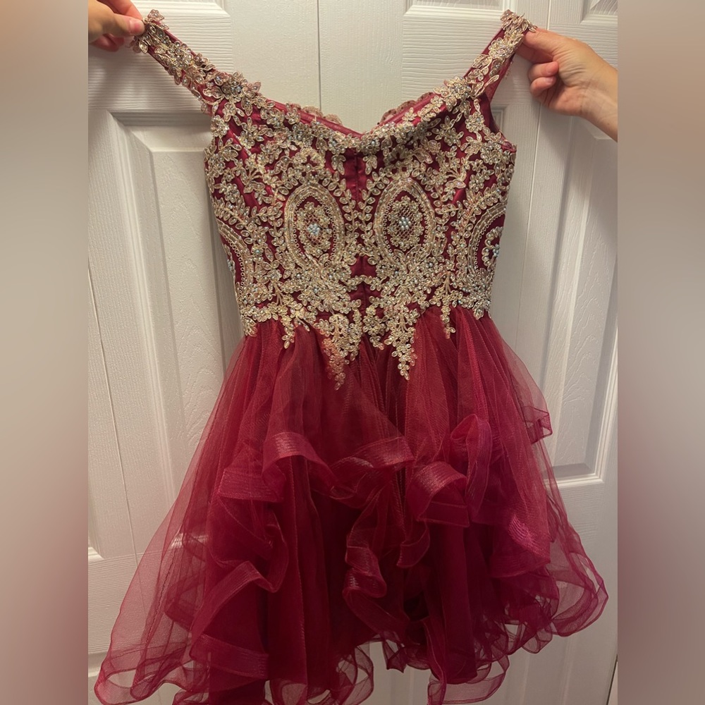 Off The Shoulder Red/Burgundy And Gold Formal Dress, Size Medium